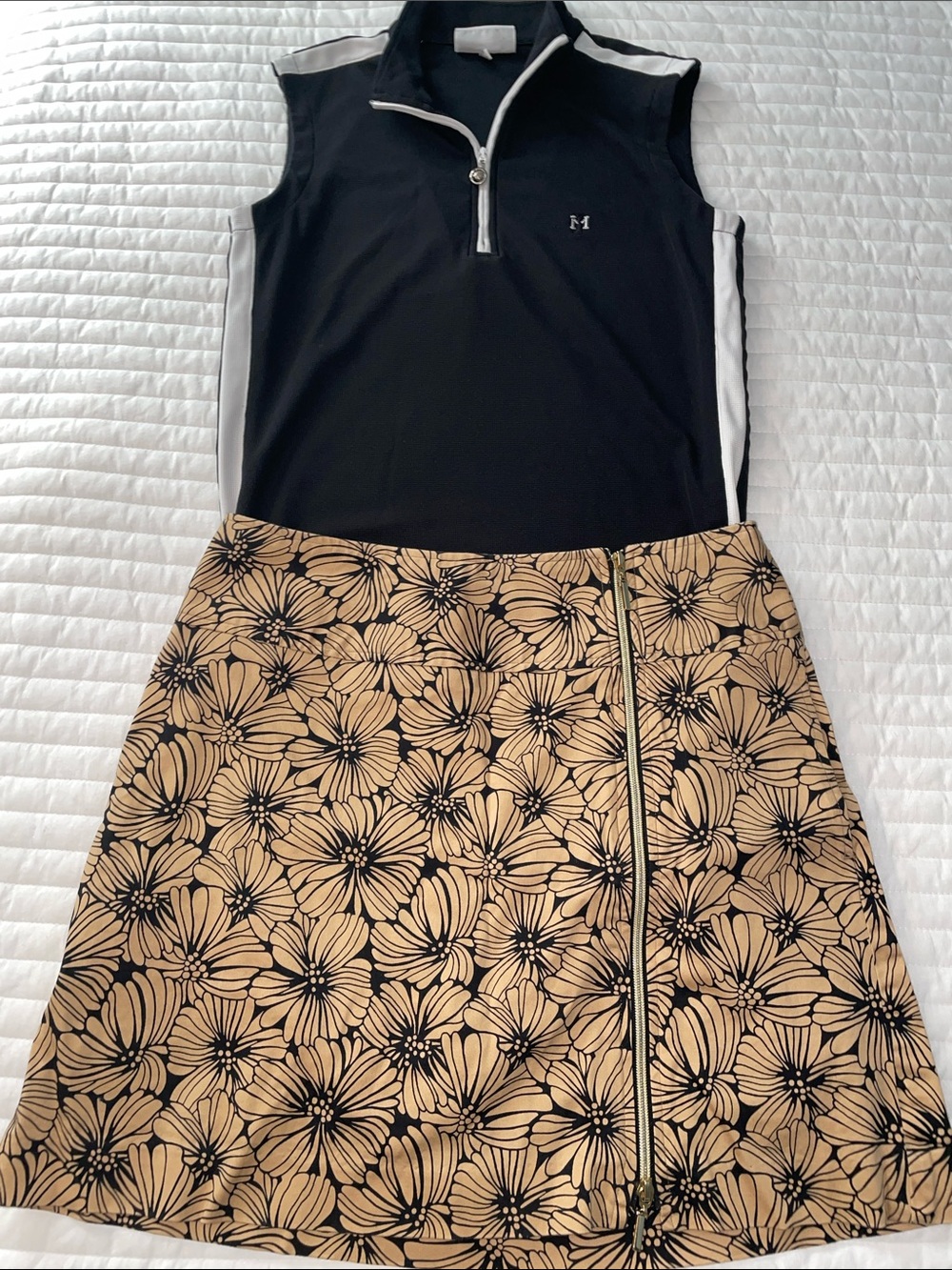 Sport Haley Black Top with Tan Floral Zip Skirt Set